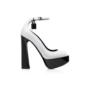 Escarpins Tom Ford Vernis Cuir Padlock Peep Embout Femme Blanche Noir | GZMWI-7634