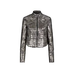 Vêtements D'extérieur Tom Ford Metallic Printed Croc Cuir Vélo Jacket Femme Argent | BSLWN-4157